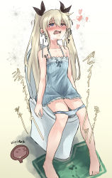 Rule 34 | 1girl, absurdres, bare shoulders, barefoot, black ribbon, bladder, blonde hair, blue dress, blue eyes, blue panties, blush, breath, collarbone, dress, empty eyes, female focus, flower, frilled dress, frills, gradient background, hair ribbon, half-closed eyes, heart, highres, japanese text, long hair, looking up, nose blush, open mouth, original, panties, panty pull, pee, relief, ribbon, sidelocks, sitting, sleeveless, sleeveless dress, solo, spaghetti strap, striped clothes, striped panties, sweat, toilet, toilet use, translation request, twintails, underwear, urine meter, watakarashi, wet, wet clothes, wet panties, yellow background