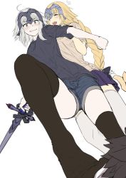Rule 34 | 2girls, :d, ahoge, akita hika, bad id, bad twitter id, black legwear, black shirt, blonde hair, blue shorts, blush, braid, clenched hand, clenched teeth, denim, denim shorts, embarrassed, closed eyes, fate/apocrypha, fate/grand order, fate (series), feet, foot on head, from below, fujimaru ritsuka (male), full body, hand on another&#039;s shoulder, headpiece, holding, holding sword, holding weapon, jeanne d&#039;arc (fate), jeanne d&#039;arc (ruler) (fate), jeanne d&#039;arc alter (avenger) (fate), jeanne d&#039;arc alter (fate), long hair, multiple girls, no shoes, open mouth, out of frame, pleated skirt, purple skirt, shirt, short sleeves, shorts, simple background, single braid, skirt, smile, stepped on, sweatdrop, sword, t-shirt, teeth, thighhighs, thumbs up, very long hair, weapon, white background, white hair, white legwear, white shirt, yellow eyes, zettai ryouiki