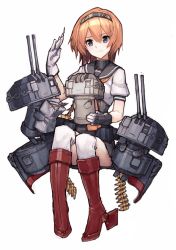 Rule 34 | air qh, bad id, bad twitter id, bag, boots, bullet, chou-10cm-hou-chan (teruzuki&#039;s), clothes writing, corset, gloves, hachimaki, hair between eyes, headband, highres, invisible chair, kantai collection, kneehighs, light brown hair, red footwear, rigging, short sleeves, simple background, sitting, socks, teruzuki (kancolle), thighhighs, white background, white legwear