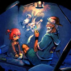 Rule 34 | 1boy, 1girl, beard, blue eyes, bow (bhp), bread, child, destruction, facial hair, food, highres, lamp, magic, old, old man, original, red hair, sitting, smile, stuffed toy, stuffing, tears, tent