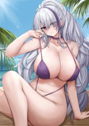 Rule 34 | 1girl, absurdres, arm rest, azur lane, bare shoulders, beach, bikini, blue sky, blush, breasts, choker, cleavage, closed mouth, collarbone, eyes visible through hair, feet out of frame, hair between eyes, hair over one eye, high ponytail, highres, huge breasts, multicolored hair, navel, ocean, official alternate costume, outdoors, palm leaf, purple bikini, purple choker, purple eyes, purple hair, sitting, sky, smile, solo, stomach, streaked hair, swimsuit, ueyama 0clock, unzen (azur lane), unzen (sojourn through clear seas) (azur lane), water, white hair