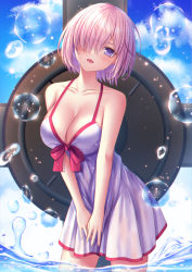 Rule 34 | 1girl, blue sky, bow, breasts, cleavage, cloud, cloudy sky, collarbone, cowboy shot, day, fate/grand order, fate (series), hair over one eye, highres, looking at viewer, mash kyrielight, mash kyrielight (swimsuit of perpetual summer), medium breasts, ocean, official alternate costume, one-piece swimsuit, outdoors, parted lips, purple eyes, purple hair, short hair, sky, solo, splashing, swimsuit, toshi (1-147), wading, water