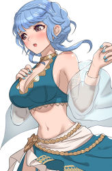 Rule 34 | 1girl, absurdres, bare shoulders, bikini, blue hair, blue nails, blush, braid, breasts, brown eyes, cleavage, fire emblem, fire emblem: three houses, fire emblem heroes, french braid, gonzarez, highres, large breasts, light blue hair, marianne von edmund, nail polish, navel, nintendo, official alternate costume, open mouth, shawl, side-tie bottom, solo, swimsuit, white background