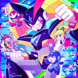 Rule 34 | 1girl, 4boys, absurdres, armor, artist name, bald spot, bass (mega man), black armor, black headwear, blonde hair, blue bodysuit, blue eyes, blue headwear, bodysuit, broom, chest jewel, chibi, clenched hand, dr. wily (mega man), dress, fins, forehead jewel, grey bodysuit, grey hair, head fins, high ponytail, highres, holding, holding broom, licking lips, looking at viewer, mega man (character), mega man (classic), mega man (series), multiple boys, proto man, red dress, red eyes, red headwear, roll (mega man), smile, star (symbol), tongue, tongue out, xenon (xenonb)