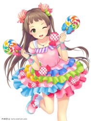 Rule 34 | 1girl, ;d, amakusa rin, brown hair, candy, food, frilled skirt, frills, green eyes, hair ornament, holding, ilog, jewelry, lollipop, long hair, looking at viewer, necklace, occhan (11715), official art, one eye closed, open mouth, polka dot, skirt, smile, solo, swirl lollipop