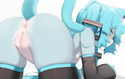 Rule 34 | 1girl, abmayo, animal ears, anus, ass, black sleeves, black thighhighs, blush, body fur, breasts, cat ears, cat girl, cat tail, censored, cleft of venus, detached sleeves, from behind, furry, furry female, grey fur, hatsune miku, highres, long hair, looking at viewer, mosaic censoring, pussy, pussy juice, pussy juice trail, skindentation, small breasts, solo, tail, thighhighs, twintails, vocaloid