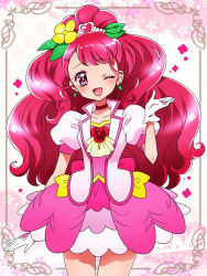 Rule 34 | 1girl, ;d, back bow, bow, choker, collarbone, cowboy shot, cure grace, earrings, flower, gloves, hair bun, hair flower, hair ornament, hanadera nodoka, healin&#039; good precure, heart, heart hair ornament, jewelry, kagami chihiro, long hair, looking at viewer, magical girl, one eye closed, open mouth, pink bow, pink eyes, pink hair, pink neckwear, pink skirt, pink theme, precure, red flower, red rose, rose, single hair bun, skirt, smile, solo, standing, white gloves