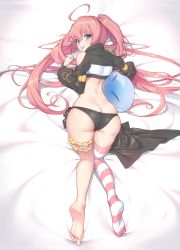 Rule 34 | &gt;:p, 1girl, 1other, :p, ahoge, ass, back, barefoot, black nails, black panties, blue eyes, bridal garter, butt crack, clothing cutout, crop top, dakimakura (medium), duplicate, full body, highres, konbu (hida123), long hair, long sleeves, looking at viewer, lying, md5 mismatch, milim nava, nail polish, no pants, on stomach, panties, pink hair, pointing, pointing at self, resolution mismatch, rimuru tempest, shoulder cutout, side-tie panties, single bare shoulder, single thighhigh, skindentation, slime (creature), solo focus, source larger, striped clothes, striped thighhighs, tensei shitara slime datta ken, thighhighs, thighs, tongue, tongue out, top-down bottom-up, twintails, underwear, v-shaped eyebrows, very long hair