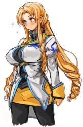Rule 34 | 1girl, black pantyhose, blonde hair, blue eyes, blush, breasts, cropped legs, drill hair, female focus, flying sweatdrops, large breasts, long hair, long sleeves, marguerite pistail, pantyhose, pencil skirt, perky breasts, sachito, skirt, solo, super robot wars, super robot wars z, super robot wars z2, tears, very long hair, yellow skirt