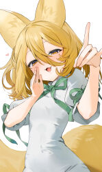 Rule 34 | 1girl, :3, animal ear fluff, animal ears, artist name, blonde hair, brown eyes, fang, fingernails, fox ears, fox girl, fox shadow puppet, fox tail, gotou (nekocat), green ribbon, hair between eyes, hand to own mouth, hand up, heart, highres, kudamaki tsukasa, looking at viewer, medium hair, open mouth, ribbon, short sleeves, simple background, skin fang, smile, solo, tail, touhou, upper body, white background, white romper