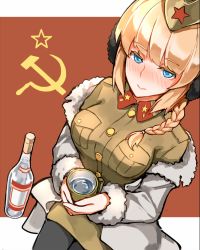 Rule 34 | 15k, 1girl, alcohol, blonde hair, blue eyes, blush, bottle, braid, brown hat, brown shirt, brown skirt, buttons, coat, cowboy shot, cup, earmuffs, eyebrows, flag background, from above, fur trim, garrison cap, hammer and sickle, hat, holding, holding cup, kirov (warship girls r), lipstick, looking at viewer, makeup, military, military uniform, mug, pantyhose, pocket, shirt, sitting, skirt, solo, soviet flag, star (symbol), stolichnaya (vodka), uniform, vodka, warship girls r