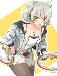 Rule 34 | 1girl, camisole, cat girl, chakram, chest jewel, jacket, leggings, mio (xenoblade), shoulder strap, solo, tank top, tekology, weapon, white camisole, white jacket, white tank top, xenoblade chronicles (series), xenoblade chronicles 3