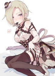 Rule 34 | 1girl, blonde hair, blush, breasts, brown dress, brown headwear, brown thighhighs, candy, chocolate, chocolate heart, cleavage, cross-laced clothes, cross-laced dress, dress, earrings, elbow gloves, food, gloves, hat, heart, heart earrings, high heels, highres, jewelry, looking at viewer, love live!, love live! nijigasaki high school idol club, medium breasts, mia taylor, mini hat, mouth hold, notyu maru, purple eyes, short hair, sleeveless, sleeveless dress, solo, spoken heart, thighhighs, tilted headwear, underbust, upper body, white footwear, white gloves