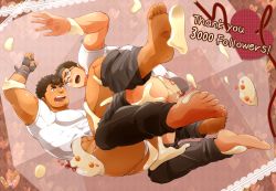 Rule 34 | 2boys, absurdres, ass, assisted exposure, bara, blush, brown hair, facial hair, feet, floating, floating object, food request, full body, fundoshi, glasses, grey pants, highres, japanese clothes, takabushi kengo, kontahsm, legs up, long sideburns, male focus, male underwear, milestone celebration, multiple boys, muscular, muscular male, open mouth, pants, unworn pants, pectorals, motoori shiro, short hair, sideburns, stubble, thick eyebrows, thick thighs, thighs, tokyo houkago summoners, white male underwear