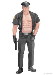 Rule 34 | 1boy, abs, bandaid, bandaid on cheek, bandaid on face, bara, bare pectorals, full body, hat, heterochromia, highres, large pectorals, male focus, muscular, muscular male, nipples, open clothes, open shirt, original, pectorals, police, police uniform, policeman, short hair, solo, standing, stomach, sweat, uniform, xiedaifenshi (7329016845)