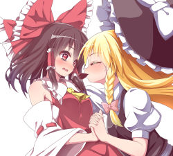 Rule 34 | 2girls, ascot, avalondeduko, blonde hair, blush, bow, braid, brown hair, candy, chocolate, chocolate heart, detached sleeves, dezuko (dezuko no heya), closed eyes, food, full-face blush, hair bow, hair ribbon, hair tubes, hakurei reimu, holding hands, hat, hat ribbon, heart, highres, japanese clothes, kirisame marisa, long hair, long sleeves, looking at another, miko, mouth hold, multiple girls, open mouth, profile, puffy sleeves, red eyes, ribbon, shirt, short hair, short sleeves, side braid, simple background, single braid, skirt, skirt set, touhou, upper body, valentine, vest, white background, wide sleeves, witch hat, yuri
