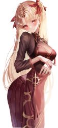 Rule 34 | 1girl, absurdres, alternate costume, blonde hair, blush, breasts, chiachun0621, china dress, chinese clothes, closed mouth, dress, earrings, ereshkigal (fate), ereshkigal (youming niangniang) (fate), fate/grand order, fate (series), gold earrings, hair ribbon, head tilt, highres, jewelry, long hair, medium breasts, pelvic curtain, raised eyebrows, red dress, red eyes, red ribbon, ribbon, simple background, solo, two side up, very long hair, vietnamese dress, white background