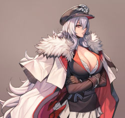 Rule 34 | 1girl, azur lane, breasts, cape, cleavage, collared shirt, crossed arms, fur trim, graf zeppelin (azur lane), hat, large breasts, long hair, long sleeves, oda non, peaked cap, red eyes, shirt, simple background, solo, uniform, upper body, white hair
