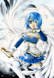 Rule 34 | 10s, 1girl, blue eyes, blue hair, breasts, cape, cleavage, feathers, female focus, gloves, gradient background, hand over eye, mahou shoujo madoka magica, mahou shoujo madoka magica (anime), marker (medium), matching hair/eyes, medium breasts, miki sayaka, myu-kimera, short hair, skirt, solo, sword, thighhighs, traditional media, weapon