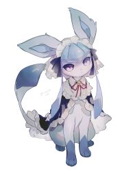 Rule 34 | :&lt;, absurdres, black ribbon, capelet, closed mouth, clothed pokemon, commentary, creatures (company), frilled capelet, frills, game freak, gen 4 pokemon, glaceon, glaceon (tea party), gradient eyes, hideko (l33l3b), highres, maid headdress, multicolored eyes, nintendo, no humans, pokemon, pokemon (creature), pokemon unite, red ribbon, ribbon, twitter username, white background, wing collar