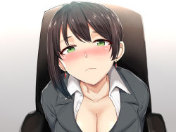Rule 34 | 1girl, armchair, black hair, blush, breasts, chair, cleavage, collarbone, collared shirt, dress shirt, earrings, formal, green eyes, grey jacket, jacket, jewelry, large breasts, looking at viewer, nose blush, original, shin&#039;yashiki, shirt, short hair, solo, suit, upper body, white shirt