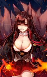 Rule 34 | 1girl, aircraft, airplane, akagi (azur lane), animal ears, asymmetrical bangs, azur lane, blurry, breasts, cleavage, collarbone, cowboy shot, depth of field, fire, fox ears, fox tail, glowing, glowing eyes, grin, hair in own mouth, hakama, hakama short skirt, hakama skirt, half-closed eyes, highres, japanese clothes, kitsune, kyuubi, large breasts, long hair, mouth hold, multiple tails, obi, open clothes, pleated skirt, red skirt, sash, shaded face, skirt, smile, solo, sukemyon, tail, teeth, very long hair