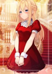 Rule 34 | 1girl, absurdres, annoyed, bad id, bad pixiv id, blonde hair, blue eyes, blurry, blurry background, blush, border, braid, breasts, closed mouth, collar, cowboy shot, dress, earrings, french braid, frilled collar, frills, frown, hair between eyes, highres, indoors, jewelry, long hair, looking ahead, mansion, medium breasts, nao (okt8538), original, pouty lips, puffy short sleeves, puffy sleeves, red dress, short dress, short sleeves, sidelocks, solo, v arms, wrist cuffs
