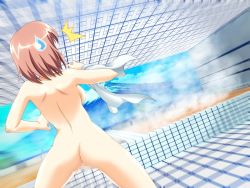 Rule 34 | 1girl, ass, bath, bathroom, brown hair, censored, dyogrammaton, from behind, lugh burrenclare, nude, solo, towel