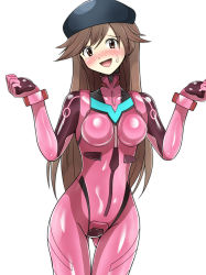Rule 34 | 1girl, absurdres, artist request, blush, bodysuit, breasts, brown eyes, brown hair, curvy, doctor, grin, hand up, hat, highres, long hair, looking at viewer, medium breasts, neon genesis evangelion, open mouth, pink bodysuit, plugsuit, rebuild of evangelion, shiny clothes, simple background, smile, solo, standing, suzuhara sakura, sweat, upper body