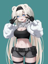 Rule 34 | 1girl, animal ears, aqua background, arknights, aurora (arknights), aurora (elite ii) (arknights), bear ears, black gloves, black hairband, black shirt, blue eyes, breasts, cleavage, commentary request, cowboy shot, crop top, double v, gloves, grey shorts, hairband, hands up, heart, heart-shaped pupils, highres, huizhiyin, infection monitor (arknights), large breasts, long hair, long sleeves, looking at viewer, midriff, navel, open mouth, pouch, shirt, short shorts, shorts, shrug (clothing), silver hair, simple background, solo, standing, stomach, symbol-shaped pupils, thigh strap, thighs, v, very long hair