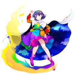 Rule 34 | 1girl, bag, blue hair, boots, cape, closed mouth, full body, game cg, hairband, highres, long sleeves, looking at viewer, multicolored clothes, multicolored hairband, pointing, pointing down, pointing up, purple eyes, purple footwear, rotte (1109), short hair, simple background, smile, solo, starry sky print, tenkyuu chimata, third-party source, touhou, touhou lostword, white background, white cape