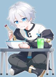 Rule 34 | 1boy, :t, aged down, black footwear, black jacket, blue background, blue eyes, boots, bowl, child, chopsticks, cross-laced footwear, cup, d ooo0, drinking glass, drinking straw, eating, food, food on face, full body, grey pants, grey shirt, hair between eyes, highres, holding, holding chopsticks, honkai (series), honkai impact 3rd, indian style, jacket, kevin kaslana, lace-up boots, long sleeves, looking at viewer, male focus, melon soda, noodles, off shoulder, open clothes, open jacket, outline, pants, polo shirt, ramen, shirt, short hair, simple background, sitting, solo, two-tone shirt, white hair, white shirt