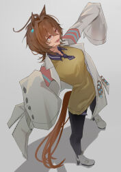 Rule 34 | 1girl, absurdres, agnes tachyon (umamusume), ahoge, animal ears, black pants, blue collar, blue necktie, breasts, brown hair, coat, collar, commentary, full body, grey background, hair intakes, hexagon hair ornament, highres, horse ears, horse girl, horse tail, lab coat, long sleeves, medium breasts, necktie, open clothes, open coat, open mouth, pants, red eyes, sei (bigaa), shadow, short hair, short necktie, simple background, sleeves past fingers, sleeves past wrists, smile, solo, sweater, tail, test tube, umamusume, white coat, white footwear, yellow sweater