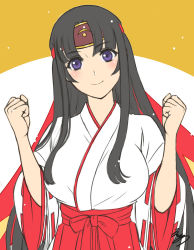 Rule 34 | 1girl, anniversary, black hair, blush, breasts, clenched hands, closed mouth, commentary request, eiwa, hakama, hakama skirt, hands up, headband, japanese clothes, large breasts, long hair, long sleeves, looking at viewer, low-tied long hair, miko, musha miko tomoe, official art, purple eyes, queen&#039;s blade, red hakama, red headband, sidelocks, signature, skirt, smile, solo, tomoe (queen&#039;s blade), two-tone background, very long hair, wide sleeves