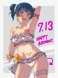 Rule 34 | 1girl, :d, alternate hairstyle, arm behind head, armpits, bikini, blue hair, blush, bow, breasts, cleavage, commentary request, dated, double bun, drawn tail, earrings, flower, grey background, hair bun, happy birthday, jewelry, looking at viewer, love live!, love live! school idol festival, love live! sunshine!!, navel, o-ring, open mouth, pink bow, pink flower, print bikini, purple eyes, sidelocks, small breasts, smile, solo, swimsuit, thigh strap, tsushima yoshiko, turkey min, twintails, wrist flower, yellow flower