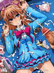 Rule 34 | 10s, 1girl, arms up, bad id, bad pixiv id, blazer, blue eyes, blue shirt, bow, bowtie, bukkake, buttons, cake, censored, cum, cum in mouth, cum on body, cum on clothes, cum on hair, cum on lower body, ejaculation, facial, food, frills, from above, fruit, hair ribbon, hetero, houjou hibiki, jacket, long hair, looking at viewer, lying, nakasone haiji, on back, orange hair, panties, pantyshot, penis, pink bow, pleated skirt, pointless censoring, pov, precure, pubic hair, rape, ribbon, school uniform, shirt, short twintails, skirt, solo focus, spread legs, strawberry, suite precure, tears, turtleneck, twintails, underwear, upskirt, white panties