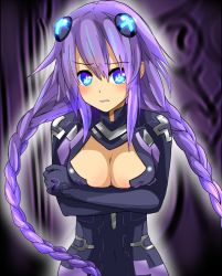 Rule 34 | 10s, 1girl, blue eyes, blush, bodysuit, braid, breast hold, breasts squeezed together, breasts, cleavage, cleavage cutout, clothing cutout, crossed arms, female focus, glowing, glowing eyes, gust, hair ornament, hogi, large breasts, long hair, neptune (neptunia), neptune (series), nippon ichi, purple hair, purple heart (neptunia), sega, solo, symbol-shaped pupils, tears, twin braids