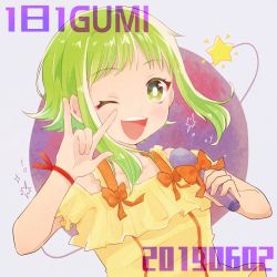Rule 34 | 1girl, 2019, \m/, alternate costume, blush, bracelet, character name, close-up, collarbone, dot nose, fingernails, floating hair, green eyes, green hair, grey background, gumi, hand up, happy, holding, holding microphone, jewelry, looking at viewer, microphone, one eye closed, open mouth, orange ribbon, planet, planetary ring, purple background, raputsue, ribbon, saturn (planet), shirt, short hair, short hair with long locks, simple background, smile, solo, sparkle, star (symbol), tareme, teeth, upper body, upper teeth only, very short hair, vocaloid, yellow shirt