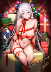 Rule 34 | 1girl, arm support, box, breasts, christmas, christmas lights, christmas present, christmas tree, cleavage, feet out of frame, gift, gift box, grin, hair behind ear, hair between eyes, hair ornament, indoors, large breasts, long hair, looking at viewer, masami chie, merry christmas, naked ribbon, navel, neck ribbon, on box, original, parted lips, red ribbon, ribbon, sidelocks, signature, sitting, sitting on box, smile, snowflake hair ornament, solo, stomach, straight hair, thighs, very long hair, white hair, yellow eyes