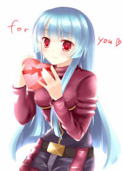 Rule 34 | 1girl, belt buckle, blue hair, blush, buckle, cropped jacket, female focus, gift, heart, highres, kula diamond, long hair, puracotte, red eyes, snk, solo, the king of fighters, valentine
