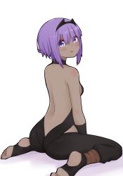 Rule 34 | 1girl, :o, ass, backless outfit, bare back, bare shoulders, black bodysuit, blush, bodysuit, colored shadow, dark-skinned female, dark skin, fate/prototype, fate/prototype: fragments of blue and silver, fate (series), feet, hair between eyes, hassan of serenity (fate), i.u.y, looking at viewer, looking back, no shoes, parted lips, purple eyes, purple hair, shadow, sidelocks, sitting, soles, solo, wariza, white background