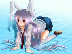 Rule 34 | 1girl, all fours, animal ears, dress shirt, eyebrows hidden by hair, female focus, full body, gradient background, highres, long hair, necktie, orippa, purple hair, rabbit ears, red eyes, reisen udongein inaba, shirt, skirt, solo, submerged, thighhighs, touhou, very long hair, water
