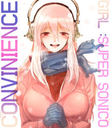 Rule 34 | 1girl, bad id, bad pixiv id, blue scarf, blush, breasts, female focus, gloves, headphones, highres, hood, hoodie, interlocked fingers, large breasts, long hair, looking at viewer, nitroplus, open mouth, pink hair, red eyes, ribbed sweater, scarf, simple background, solo, super sonico, sweater, takigi