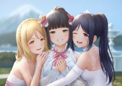 Rule 34 | 3girls, ;d, artist name, bad id, bad pixiv id, bare shoulders, black hair, blonde hair, blue hair, blunt bangs, blurry, blurry background, blush, bow, bowtie, braid, commentary request, crown braid, day, detached sleeves, flower, fountain, frilled shirt collar, frills, green eyes, hair flower, hair ornament, hand on another&#039;s shoulder, hands on own chest, hug, kurosawa dia, lace trim, long sleeves, looking at viewer, love live!, love live! sunshine!!, matsuura kanan, mount fuji, multiple girls, ohara mari, one eye closed, open mouth, outdoors, own hands together, papi (papiron100), pink neckwear, ponytail, purple eyes, red flower, see-through, see-through sleeves, smile, tiara, upper body, white flower, yellow eyes