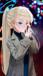 Rule 34 | 1girl, absurdres, blonde hair, blue archive, blue eyes, blue hair, blue halo, blue nails, blue shirt, blue skirt, blush, city lights, gold necklace, grey jacket, halo, highres, jacket, jewelry, long hair, looking at viewer, multicolored hair, nail polish, necklace, onion (kumagaioyr), open mouth, ponytail, shirt, skirt, solo, streaked hair, toki (blue archive)