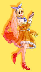 Rule 34 | 1girl, blonde hair, bow, breasts, brown eyes, calamity jane, detached sleeves, dress, drill hair, hair ribbon, hairband, long hair, obstinate melon, open mouth, orange dress, ribbon, sidelocks, solo, waist bow, wild arms, wild arms 1