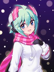 Rule 34 | 1girl, ahoge, azure striker gunvolt, black gloves, coat, commentary, cougar (cougar1404), gloves, green hair, headgear, long sleeves, looking at viewer, open mouth, pink scarf, red headwear, roro (gunvolt), scarf, short hair, smile, snowing, solo, striped clothes, striped scarf, white coat