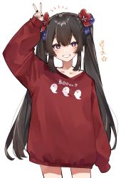 Rule 34 | 1girl, absurdres, alternate costume, black hair, black nails, blush, clothes writing, deitaku, flower-shaped pupils, genshin impact, grin, hair between eyes, hair ornament, highres, hu tao (genshin impact), jewelry, long hair, long sleeves, looking at viewer, low twintails, multiple rings, nail polish, red eyes, red sweater, ring, sidelocks, simple background, sleeves past wrists, smile, solo, sweater, symbol-shaped pupils, tassel, twintails, v, very long hair, white background