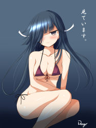 Rule 34 | 10s, 1girl, artist name, bikini, black hair, blush, breasts, cleavage, collarbone, deego (omochi bazooka), front-tie top, gradient background, hair over one eye, hayashimo (kancolle), highres, hime cut, kantai collection, large breasts, long hair, looking at viewer, navel, ribbon, sitting, smile, string bikini, swimsuit, translation request, very long hair