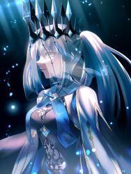 Rule 34 | 1girl, blue dress, blue eyes, braid, breasts, bridal veil, cape, cleavage cutout, clothing cutout, crown braid, dress, fate/grand order, fate (series), french braid, from side, grey hair, gyoza (pi512126), highres, long hair, looking at viewer, morgan le fay (fate), morgan le fay (queen of winter) (fate), navel cutout, ponytail, sideways glance, small breasts, solo, upper body, veil, white cape